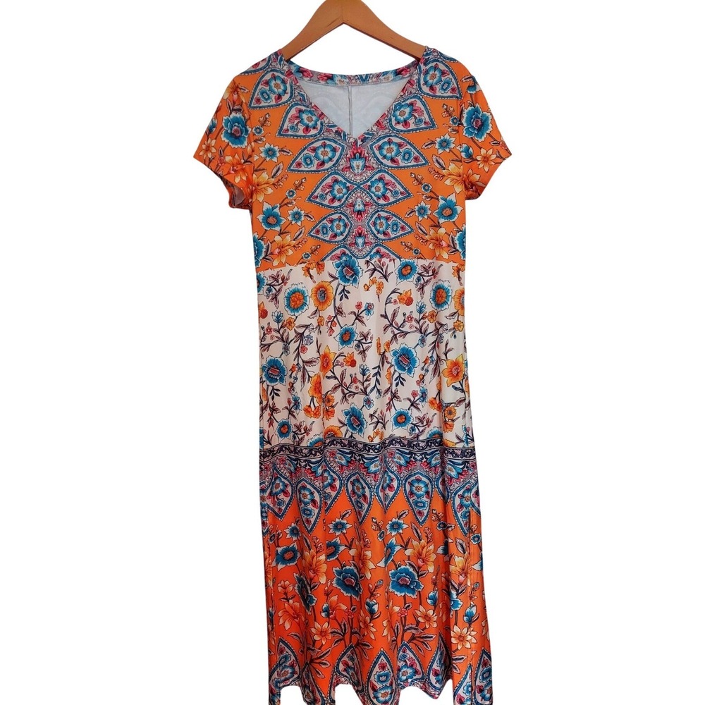 Orange Floral Paisley Boho V-Neck Maxi Beach Dress Short Sleeve Side Slit Small - Picture 2 of 7